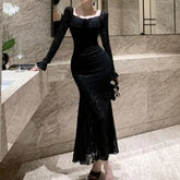 Long-Sleeve Square Neck Lace Maxi Mermaid Dress