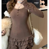 Long-Sleeve Scoop Neck Plain Lace Trim Ruffle Mini Sheath Dress