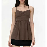 V-Neck Button Detail Plain Open-Back A-Line Camisole Top