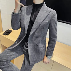 Set: Peak Lapel Corduroy Double-Breasted Blazer + Mid Rise Tapered Dress Pants