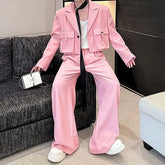 Set: Peak Lapel One-Buttoned Plain Crop Cargo Blazer + Mid Rise Wide Leg Dress Pants