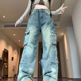 High Waist Washed Wide Leg Cargo Jeans