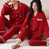Couple Matching Pajama Set: Long Sleeve Collared Shirt + Elastic Waist Straight Leg Pants (Various Designs)