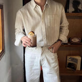 Drop Shoulder Collared Striped Button Up Shirt