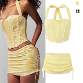 Halter Plaid Panel Lace Trim Top / Mid Waist Drawstring Mini Pencil Skirt
