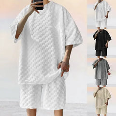 Set: 3/4-Sleeve Crew Neck Checkerboard T-Shirt + Drawstring Waist Wide Leg Sweat Shorts