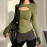 Mock Two-Piece Long-Sleeve Cutout Plain Crop Sports Top