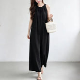 Sleeveless Round Neck Plain Wide Leg Jumpsuit