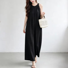 Sleeveless Round Neck Plain Wide Leg Jumpsuit