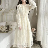 Long-Sleeve Collared Lace Midi A-Line Dress