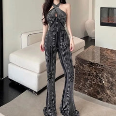 Halter Neck Rhinestone Wide Leg Jumpsuit