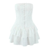 Strapless Hook & Eye Mini A-Line Eyelet Lace Layered Dress