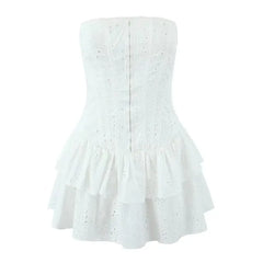 Strapless Hook & Eye Mini A-Line Eyelet Lace Layered Dress