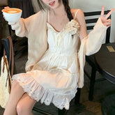 Spaghetti Strap V-Neck Eyelet Lace Panel Frill Trim Tie Front Mini A-Line Dress / Plain Cardigan