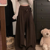 High Waist Plain Tie Waist Wide Leg Pants