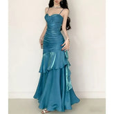 Spaghetti Strap Scoop Neck Plain Ruched Mermaid Evening gown