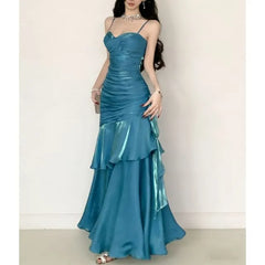 Spaghetti Strap Scoop Neck Plain Ruched Mermaid Evening gown