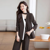 V-Neck Plain Single Button Blazer / Mid Rise Plain Wide Leg Dress Pants / Set
