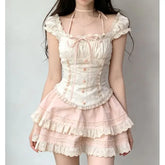 Set: Scoop Neck Ruffled-Trim Slim-Fit Tank Top + Low Waist Layered Mini Skirt