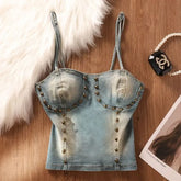 Studded Denim Crop Bustier Top