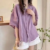 Linen 3/4 Sleeve Round Neck Loose Blouse