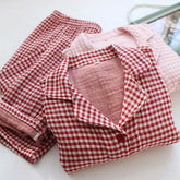 Couple Matching Pajama Set: Long Sleeve Collared Plaid Shirt + Elastic Waist Straight Leg Pants (Various Designs)