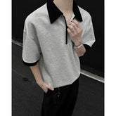 Elbow-Sleeve Contrast Trim Half-Zip Polo Shirt