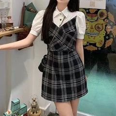 Puff-Sleeve Collar Plaid Mock Two-Piece Mini Sheath Dress