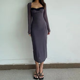 Long Sleeve Sweetheart Neck Panel Lace Midi Sheath Dress