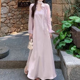 Long-Sleeve Plain Shirt / Spaghetti Strap V-Neck Maxi Sundress
