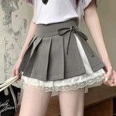 Mid Rise Lace Panel Accent Pleated Layered Mini A-Line Skirt