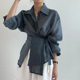 Long-Sleeve Plain Asymmetrical Sashed Shirt