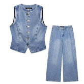 Round Neck Washed Button Denim Vest / High Waist Wide Leg Jeans