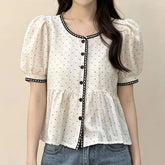 Short Sleeve Crew Neck Dotted Peplum Blouse