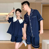 Couple Matching Short-Sleeve Contrast Collar Blouse / Shorts / Shirt / Pajama Dress / Pajama Set