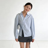 Long-Sleeve V-Neck Collared Lace Trim Buttoned Side-Tie Puff Sleeve Blouse