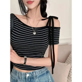 Short-Sleeve Off-Shoulder Striped Tie-Strap Top