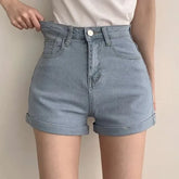 High Waist Washed Roll Up Hem Denim Hot Pants