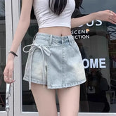 Mid Waist Washed Tie Side Mini Denim Skort