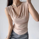 Cowl Neck Plain Slim Fit Crop Tank Top