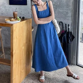 Sleeveless Square Neck Washed Maxi A-Line Denim Dress