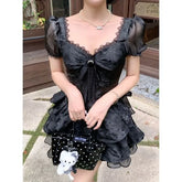 Short-Sleeve V-Neck Plain Lace Mini Tiered Dress