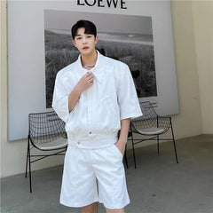 Set: Elbow-Sleeve Plain Zip Jacket + Mid Rise Shorts