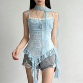 Set: Asymmetrical Ruffle Trim Lace Slim Fit Camisole Top + Thin Scarf