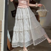 High Waist Lace Panel Tiered Midi A-Line Skirt