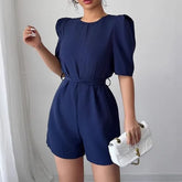 Puff Sleeve Plain Tie-Waist Playsuit