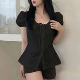 Puff Sleeve Scoop Neck Plain Panel Slim-Fit Button-Up Shirt