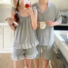 Couple Matching Short-Sleeve Lapel Collar Contrast Trim Button Pajama Top / Lace Trim Tank Top / Lounge Shorts / Set (Various Designs)