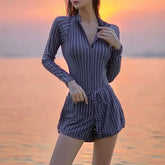 Set: Long-Sleeve Half-Zip Striped Swimsuit + Swim Shorts