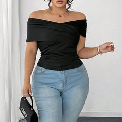Plus Size Short Sleeve off-Shoulder Plain Slim-Fit T-Shirt